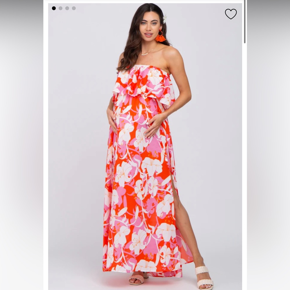 Pink Floral Flounce Strapless Maternity Maxi Dress